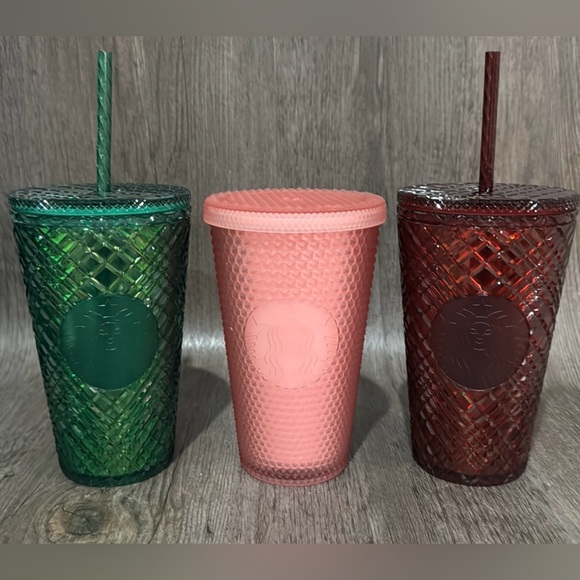 Starbucks Green Red Pink Jeweled Diamond 16oz Grande Cold Coffee 3 Tumblers - Picture 2 of 9